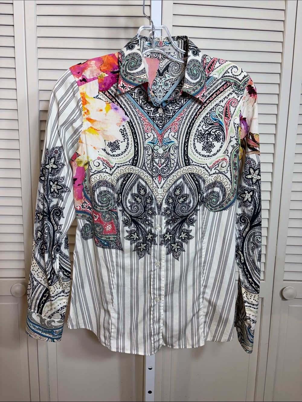 Etro Women's Multi-Color Paisley & Stripes Print Button-Up Shirt Size 4